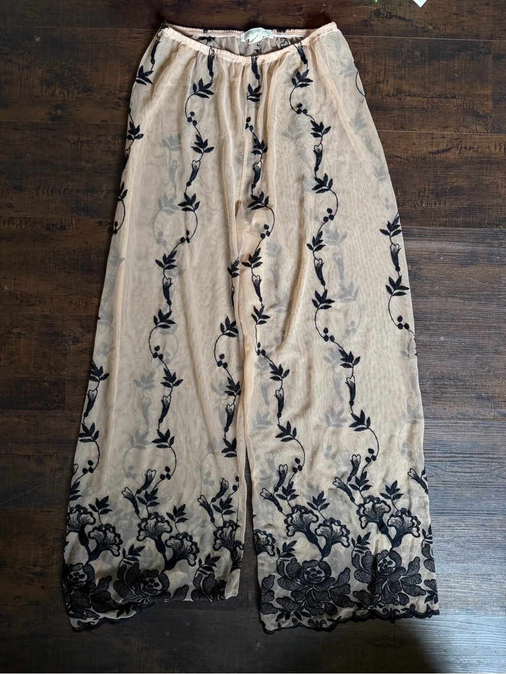 Beige Wide-Leg Embroidered Lace Pants with Black Floral Detail